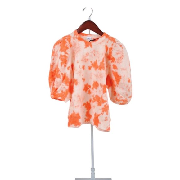 Clare V. Puff Sleeve Sweatshirt Top Womens Small Orange White Tie Dye Crew Neck - Picture 2 of 13